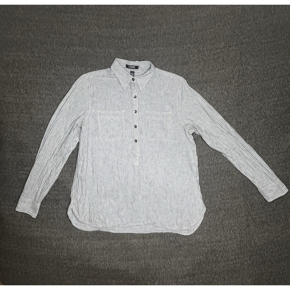 Chaps Top‎ Womens Med Linen Blend Long Sleeve Striped Coastal Casual Outdoors
